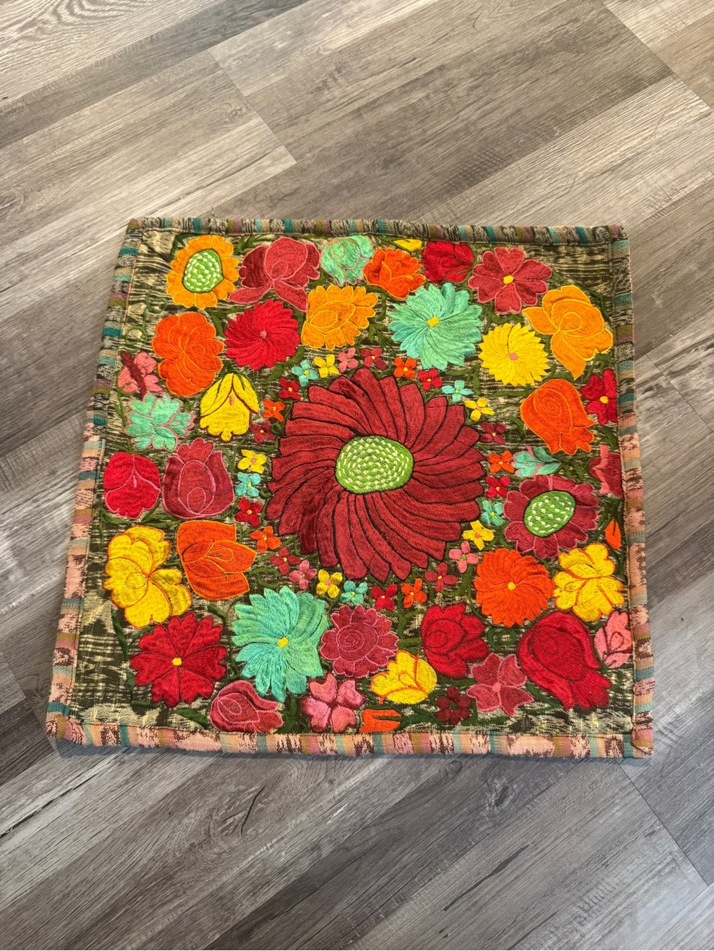 Vintage Embroidered Floral Pillow Cover Boho Folk Art 18x18